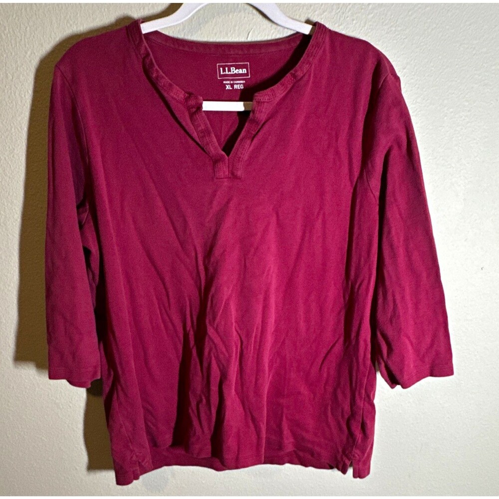 L.L.Bean Women’s Top XL Regular Burgundy 3/4 Sleeve Split Neck Solid Knit